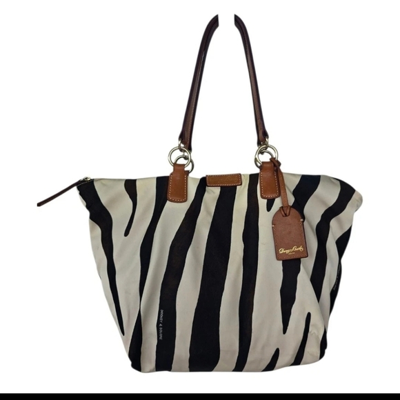 VTG Dooney & Bourke Zebra Print Tote Bag Nylon Leather Trim White Black Brown - Picture 1 of 15